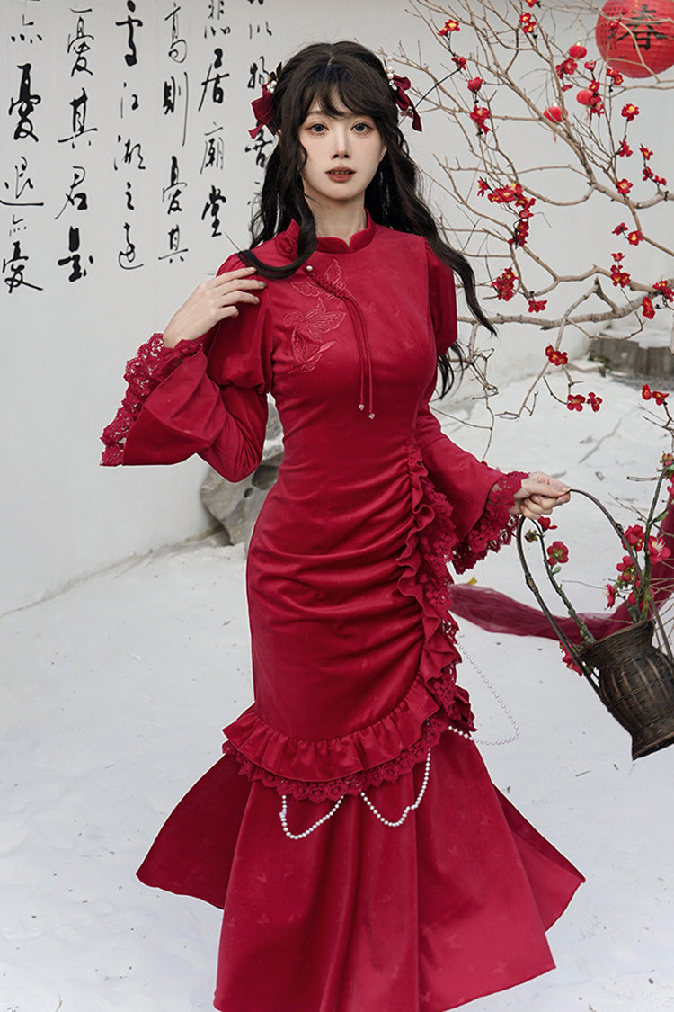 Red Long Sleeves Ruffle Embroidery Bowknot Lace Classic Chinese Style Lolita Dress
