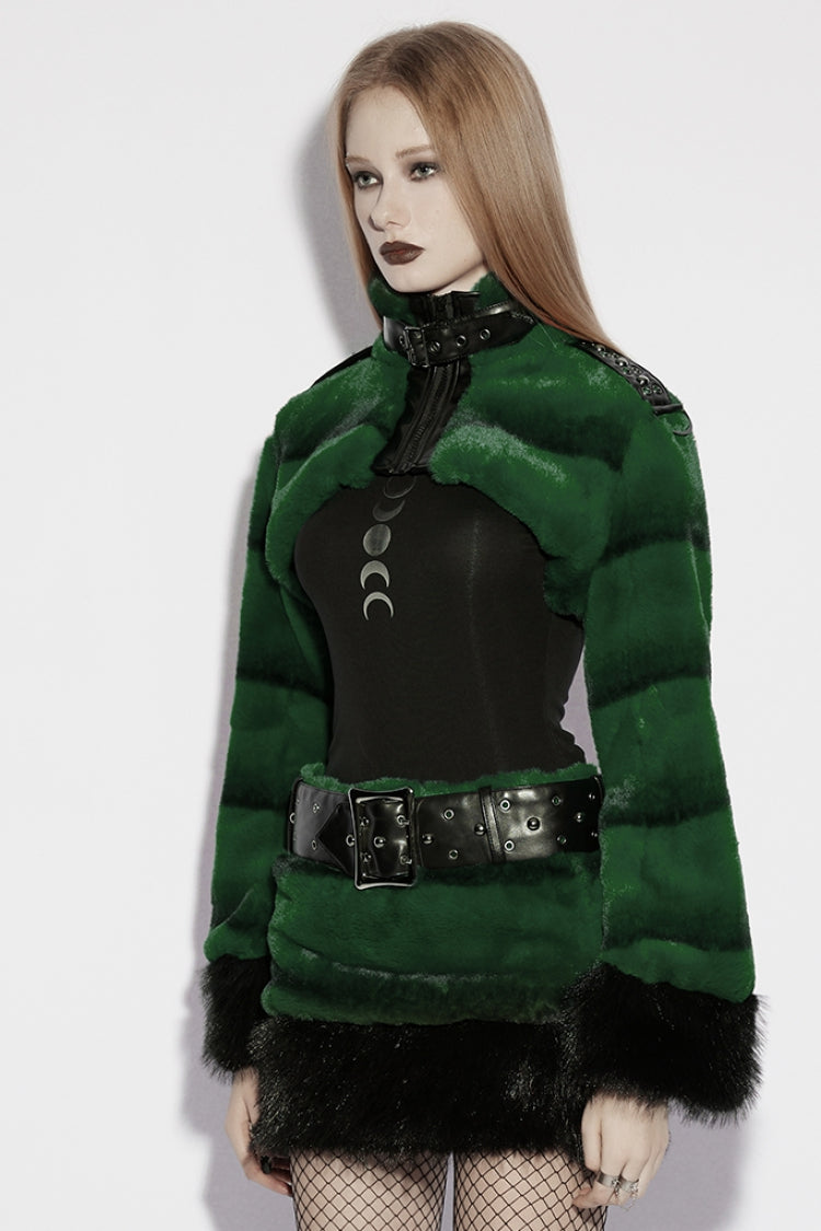 Green Stand Collar Long Sleeves Buckle Straps Faux Fur Punk Short Cloak