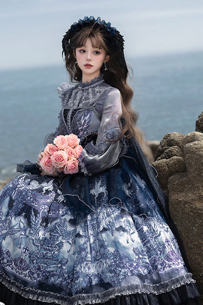 Blue [angel Garden] Print Ruffle Bowknot Asymmetric Classic Lolita Jsk Dress