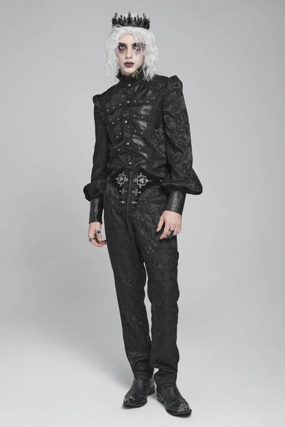 Black Stand Collar Long Lantern Sleeves Print Embroidery Gothic Blouse