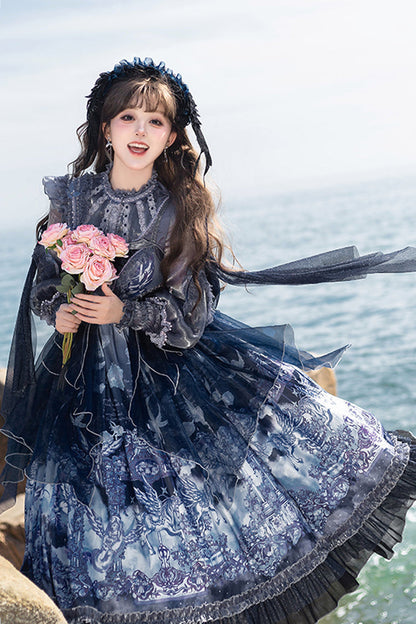 Blue [angel Garden] Print Ruffle Bowknot Asymmetric Classic Lolita Jsk Dress