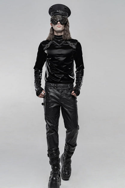 Black High Collar Long Sleeves Imitation Shark Skin Stitching Gothic T-shirt