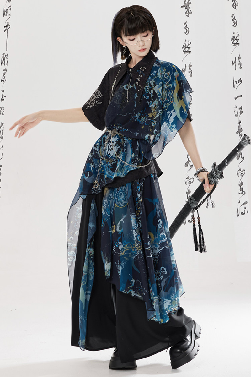 Dark Chinese-style Shirt + Wide Leg Pants + Chain + Belt