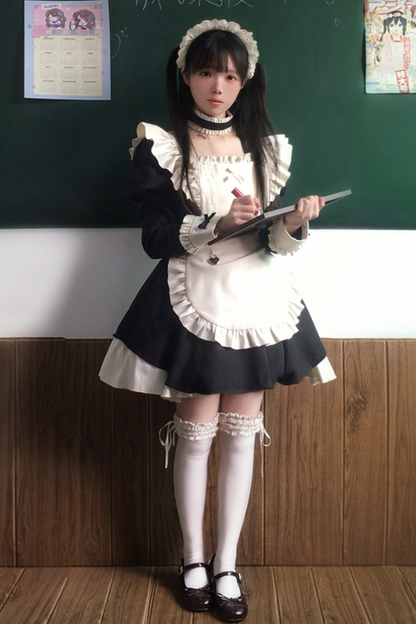 Twin Ruffle Maid Lolita Dress + Apron + Choker + Headband + Bow + Leg Warmers