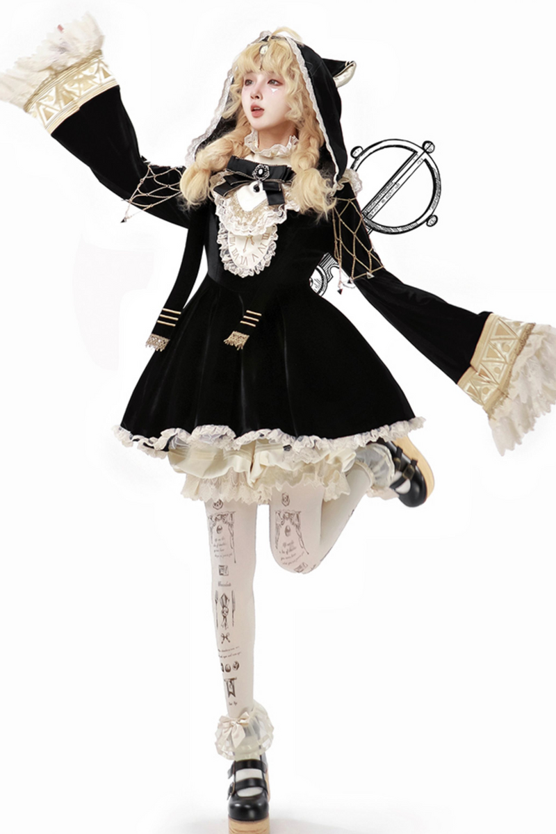 Black Cat Ruffle Clock Lolita Dress + Pumpkin Pants