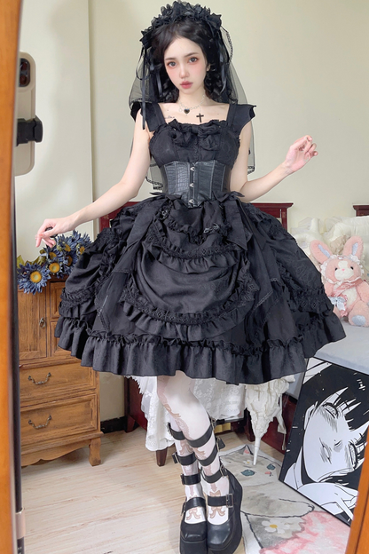 Dark Gothic Ruffle Lolita Dress + Waist Belt + Train + Hairband