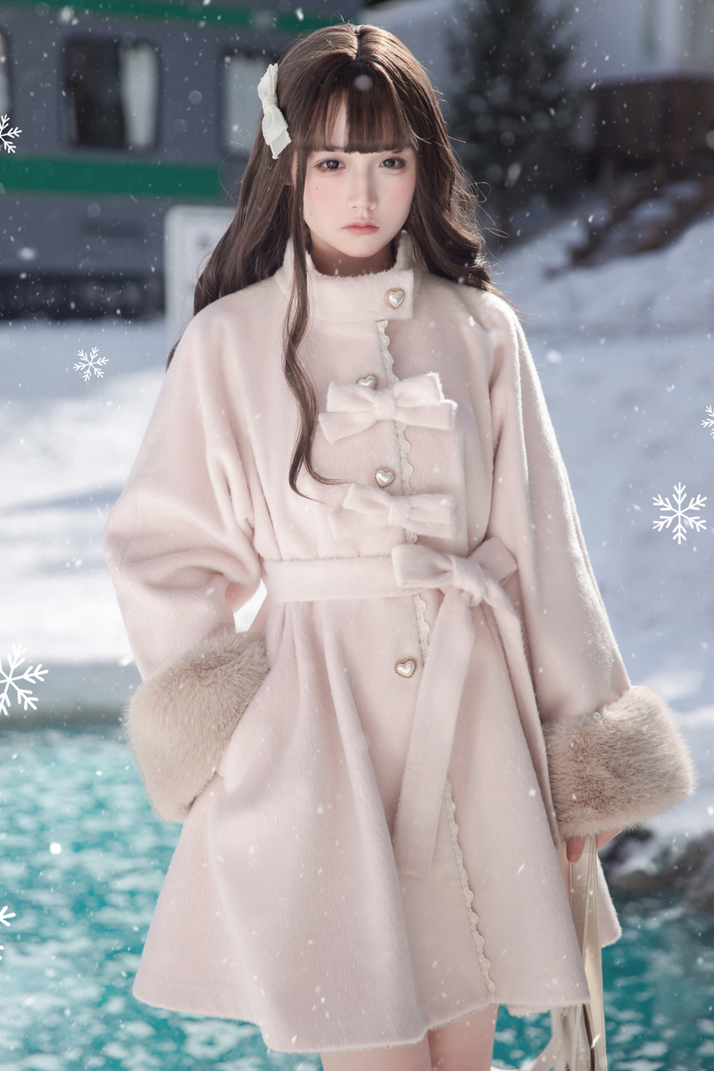 Sweet Girly Ribbon Flared Coat + Fur Collar + Shirt + Skirt + Beret
