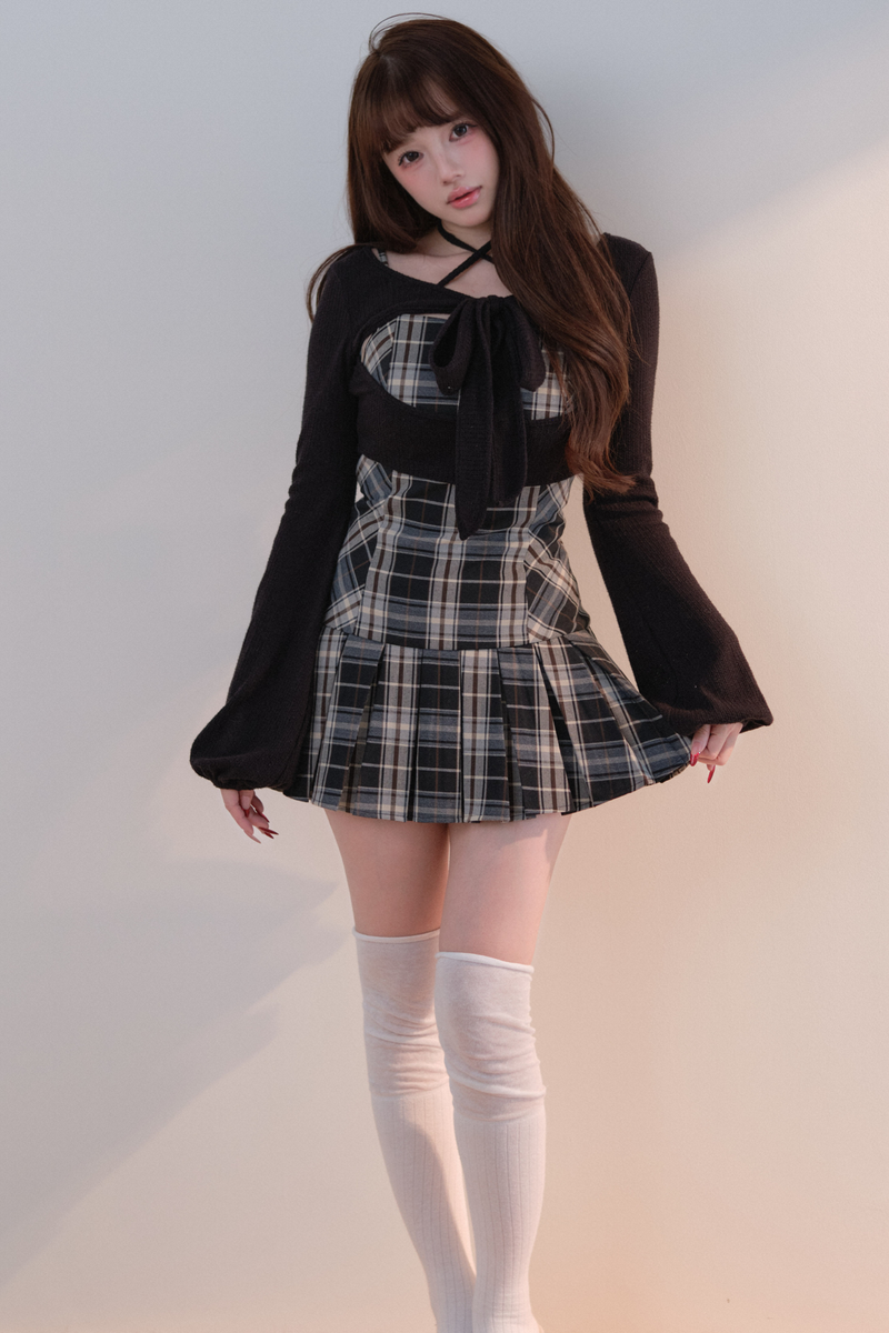 Checkered Dress + Short Knit Top