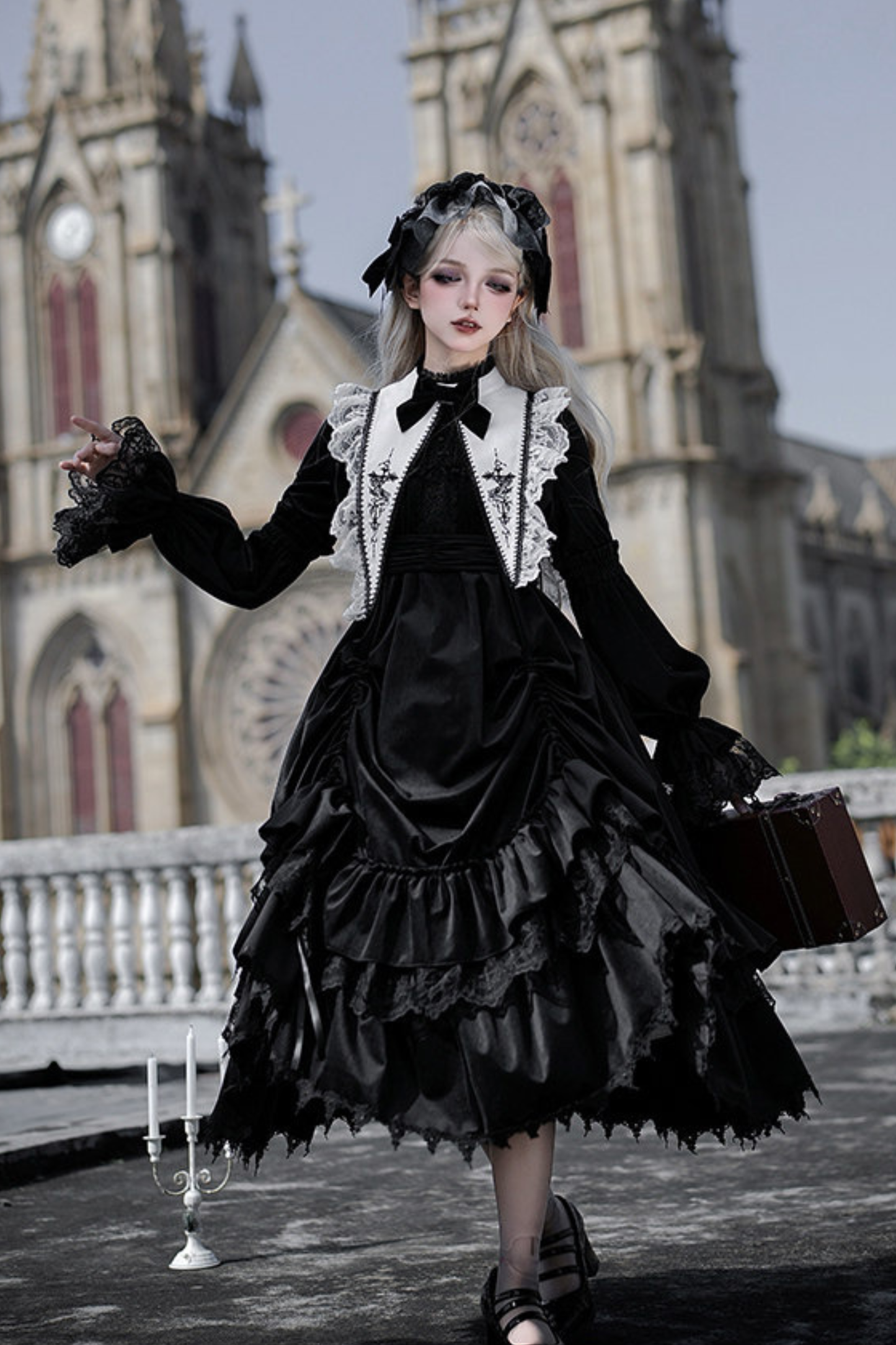Gothic Doll Multi-tiered Dress + Belt + Fake Collar + Hairband