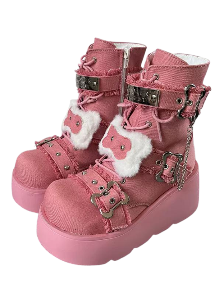 Small Bone Denim Round Toe Platform Short Boots
