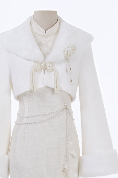 Retro Cheongsam Dress + Short Fur Coat
