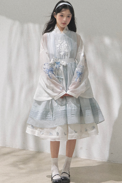 Pure White Chinese Dress + Cover Apron + Belt