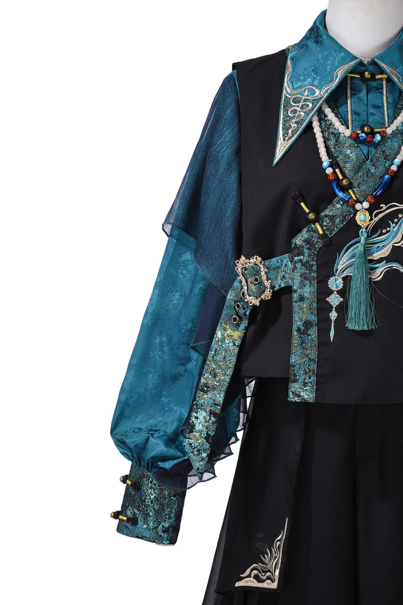 Ruan Chinese-style Top + Vest + Wide Leg Pants + Necklace