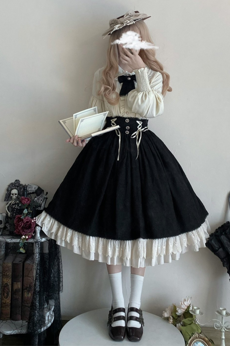 Retro Lolita Shirt + Lace-up High-waist Lolita Skirt