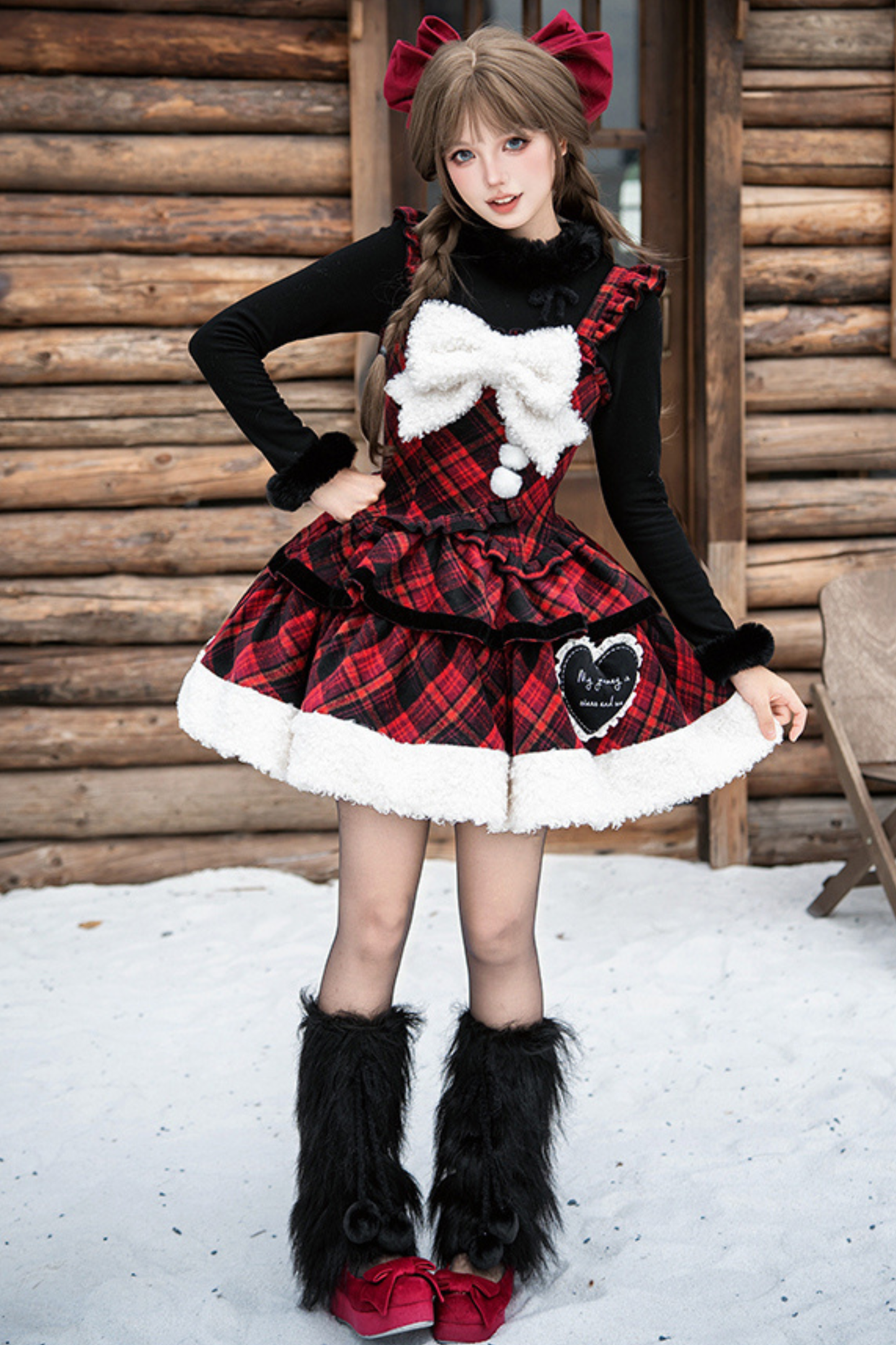Checked Doll Jumper Skirt + Bow Brooch + Pin + Love Brooch + Shawl + Top + Leg Warmers