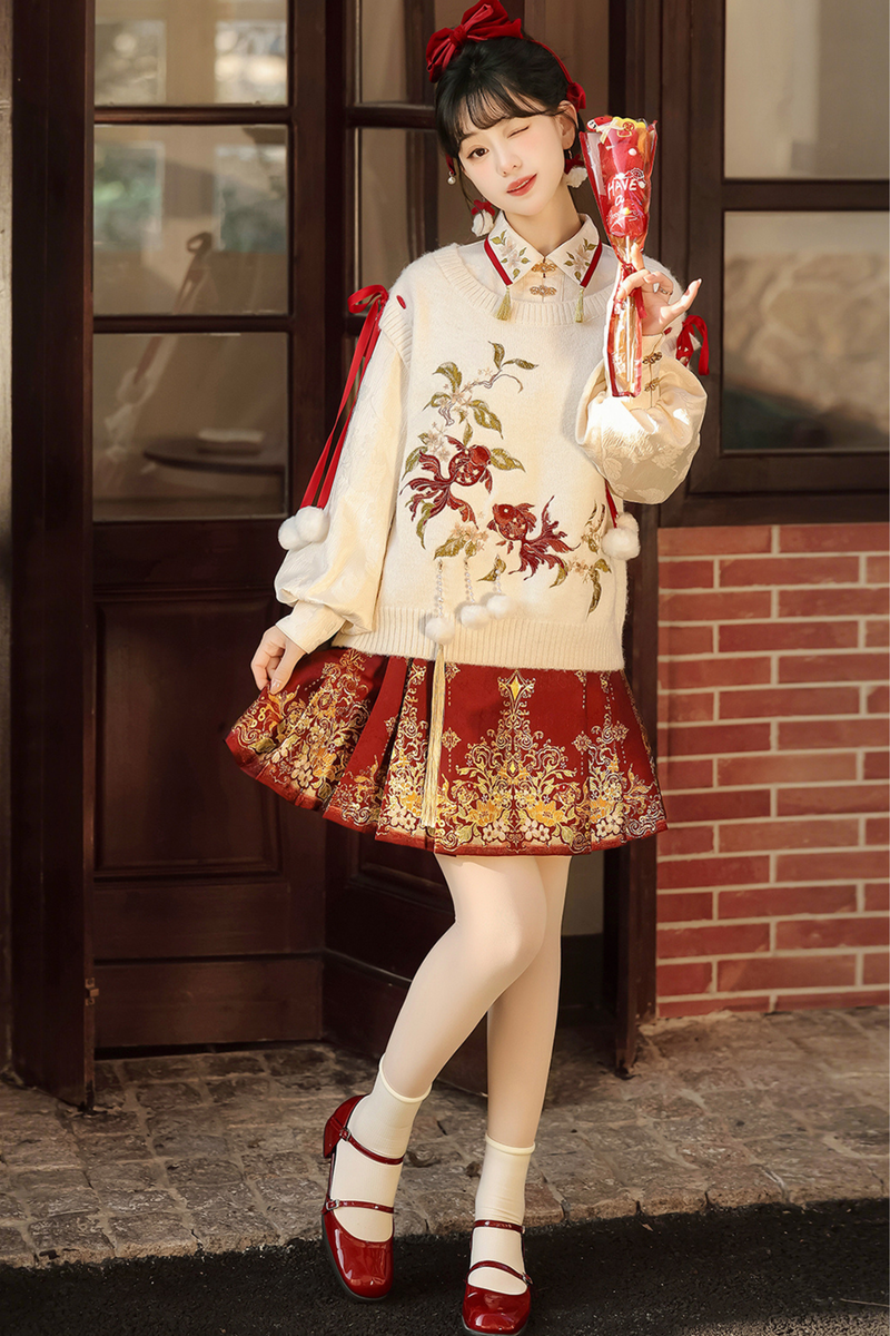 China Snow Knit Vest + Shirt + Skirt