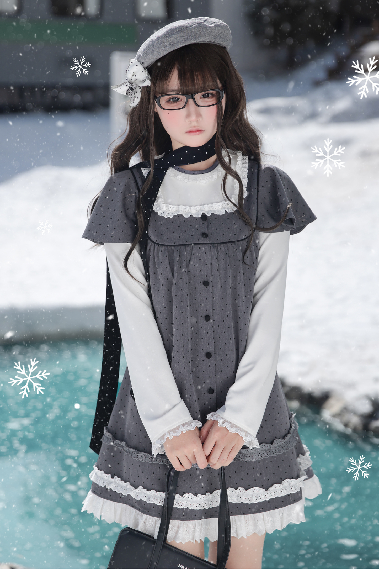 Gray Polka Dot Doll Dress + Beret