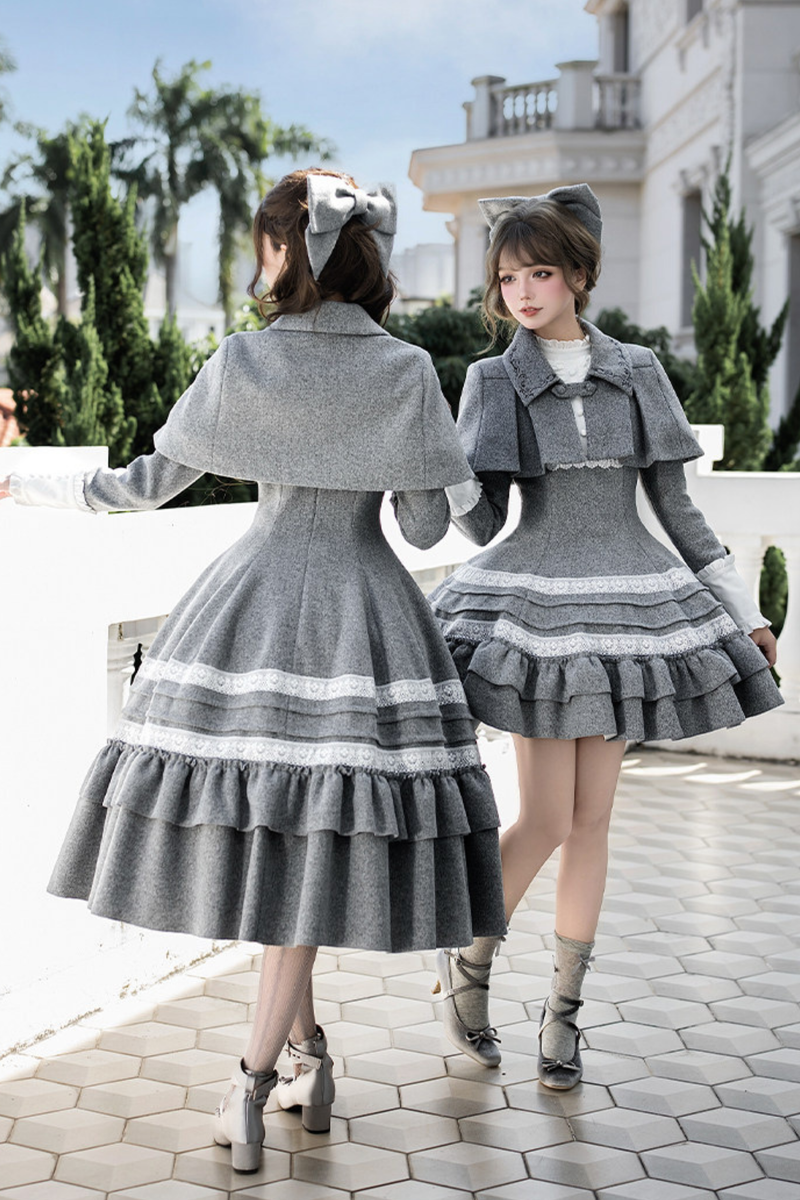 Ruffled Cape Coat + Dress + Hair Accessories + Brooch