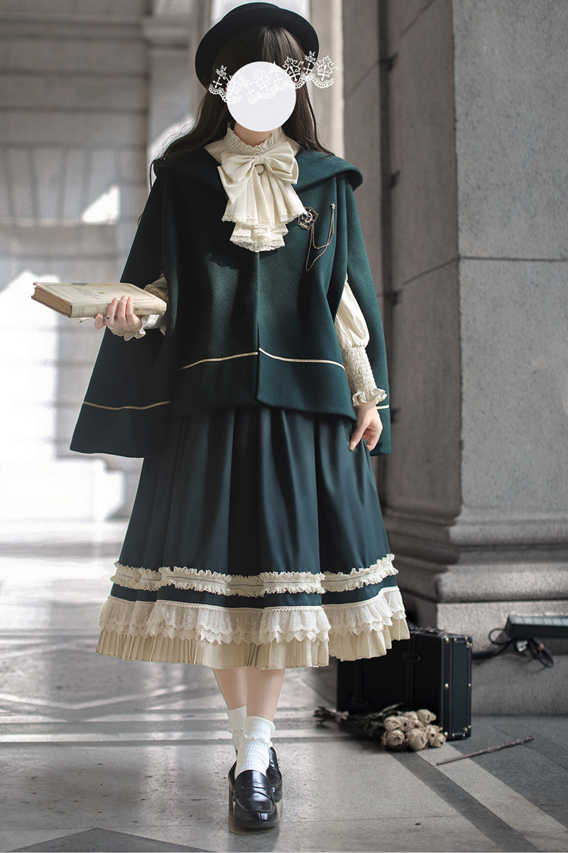 [pre-order] Retro Academia Jumper Skirt + Striped Shirt + Hooded Cape + Short Jacket + Collar + Brooch