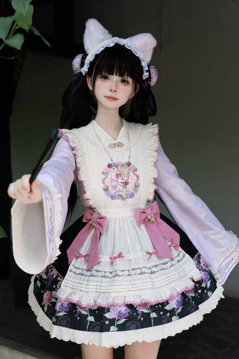 Chinese-style Lolita Top + Skirt + Apron + Headband + Bonnet