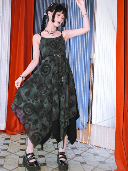 Dark Chinese-style Asymmetric Long Camisole Dress + Short Cardigan