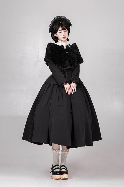 [pre-order] Dark Sweet Lolita Dress + Faux Collar + Necklace + Jacket + Ribbon + Sleeve + Fur Shawl