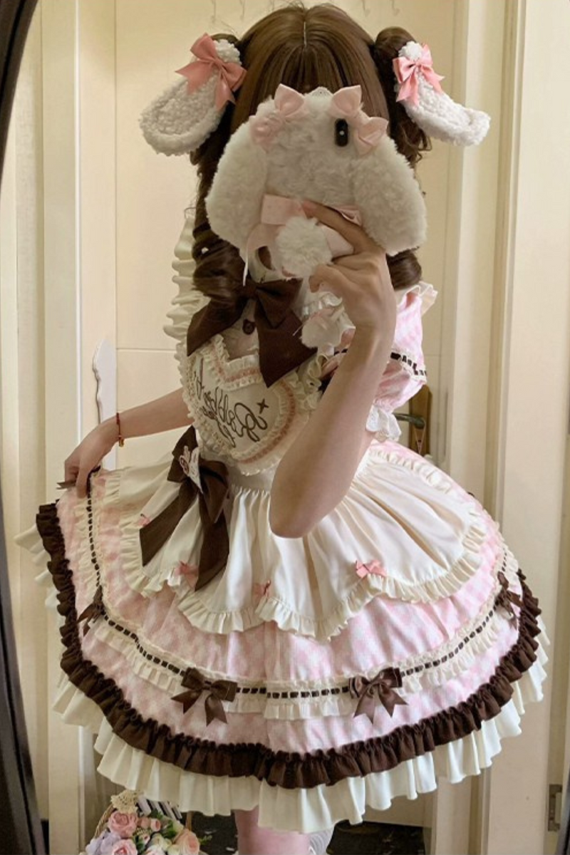 [pre-order] Bunny Ear Hair Clip + Pink Blue Sweet Maid Apron Dress