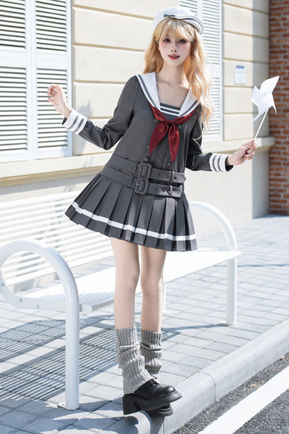 Sailor Collar Pleated College Dress + Ribbon + Hat