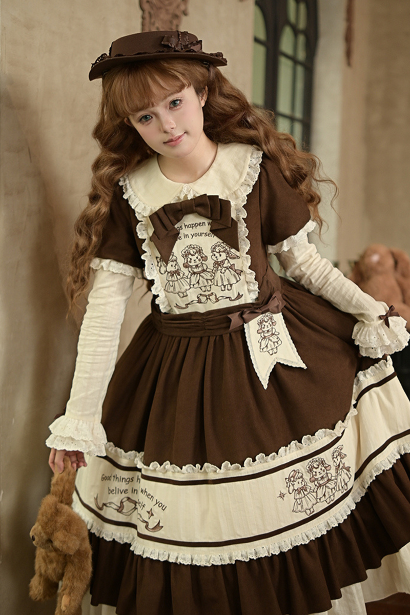 Doll Fairytale Lolita Dress + Bow Brooch + Belt + 2way Embroidery Brooch