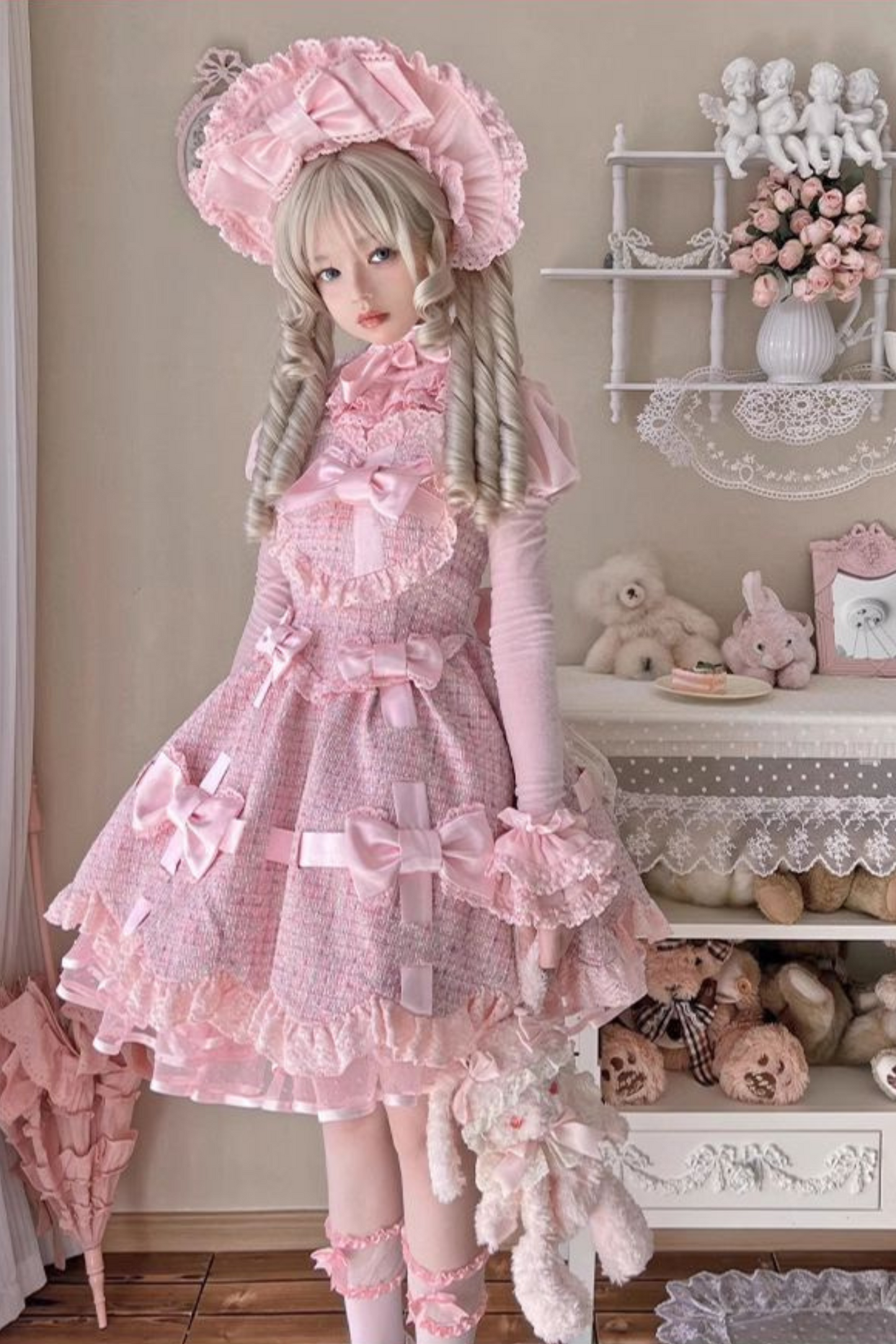 Sweetheart Lolita Suspender Skirt + Ruffle Neck Blouse + Petticoat