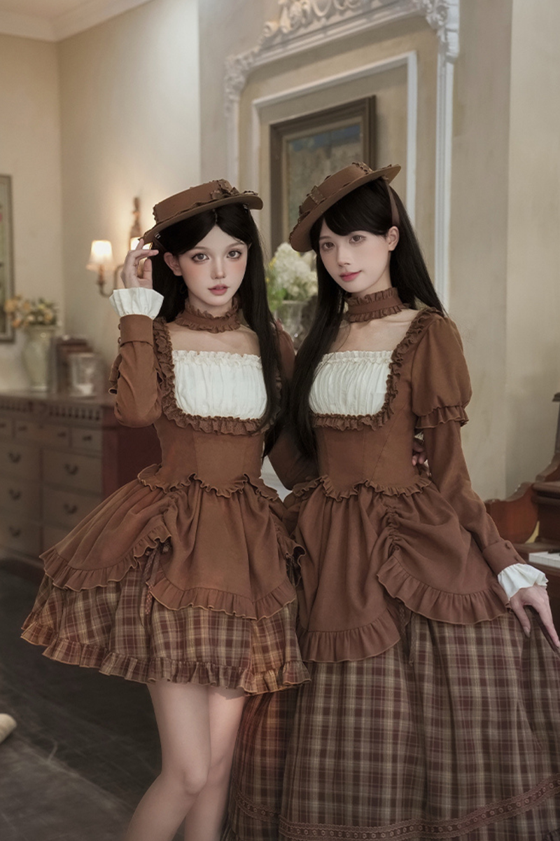 Sweet Checked Doll Dress + 2-way Ribbon + Bow + Hat