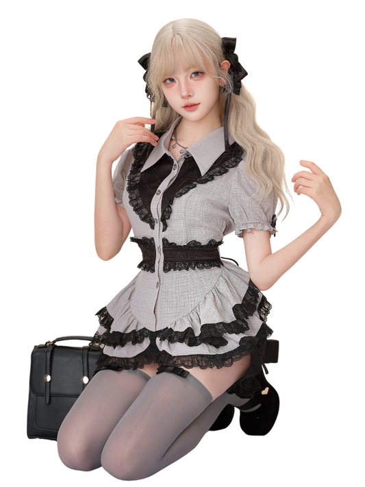 Lace Ruffle Tops+short Tight Skirts