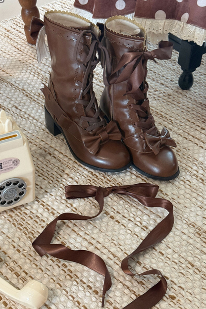 Ribbon Lace Up Mid Calf Boots