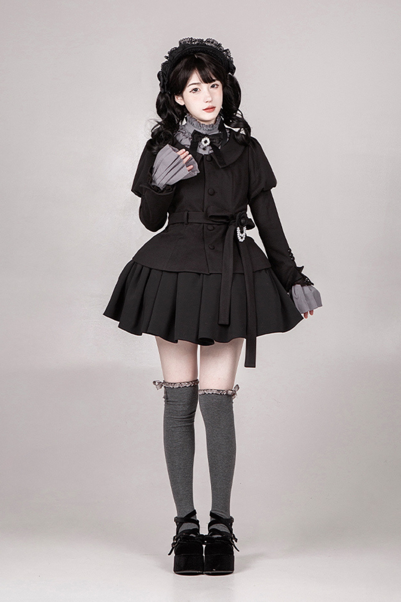 [pre-order] Dark Sweet Lolita Dress + Faux Collar + Necklace + Jacket + Ribbon + Sleeve + Fur Shawl