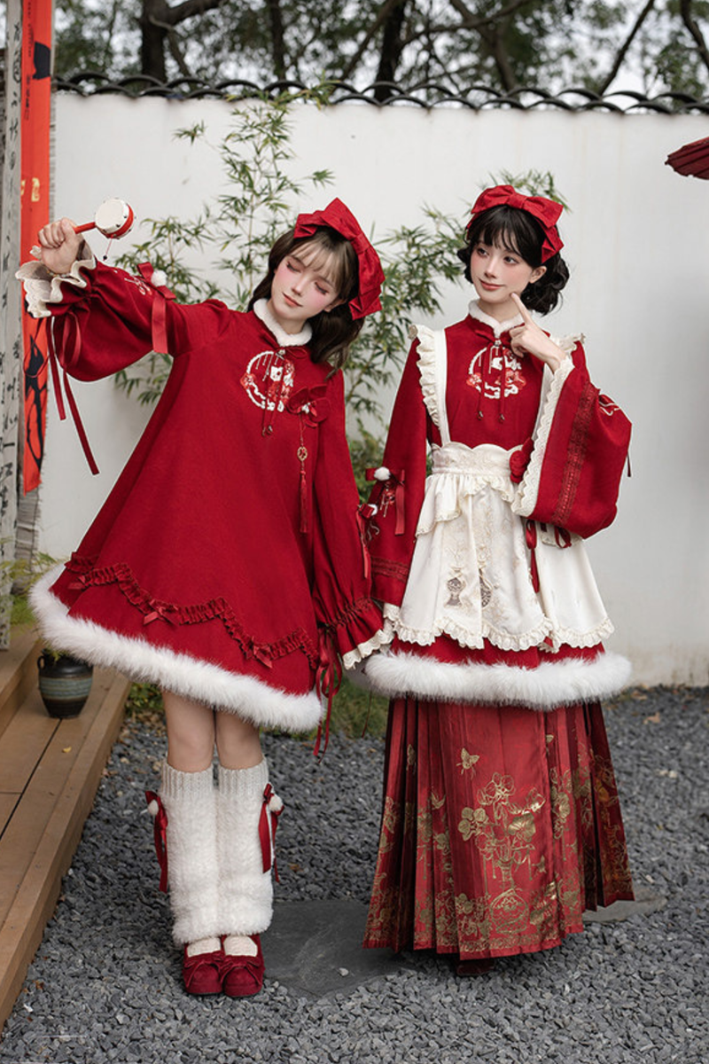 Chinese-style Big Sleeve Dress + Apron + Skirt + Leg Warmers + Hairband + Clip + Pin