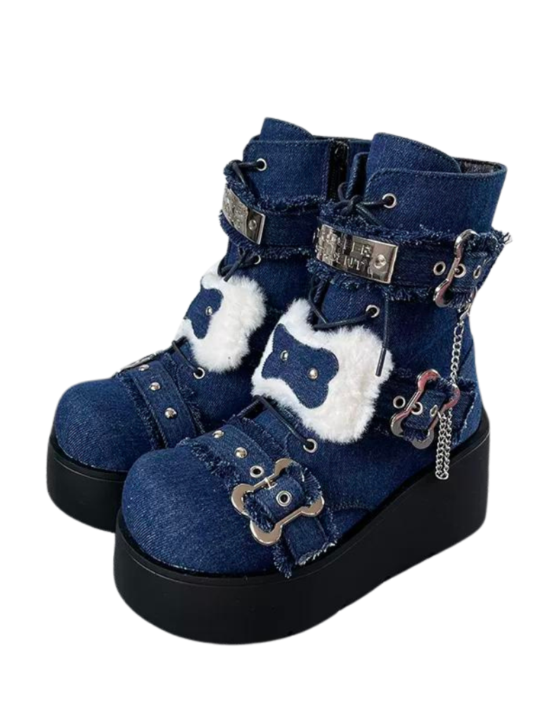 Small Bone Denim Round Toe Platform Short Boots
