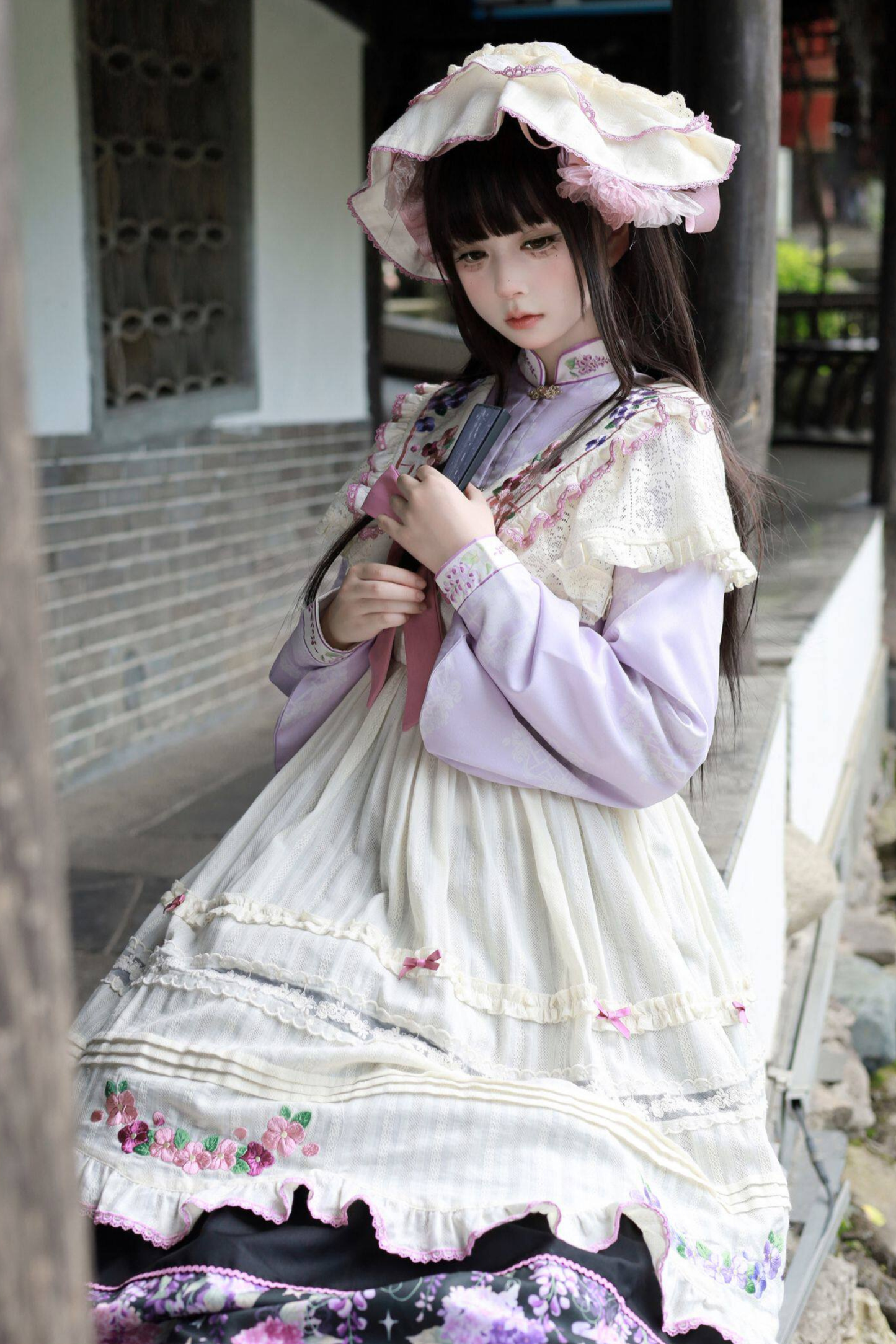 Chinese-style Lolita Top + Skirt + Apron + Headband + Bonnet