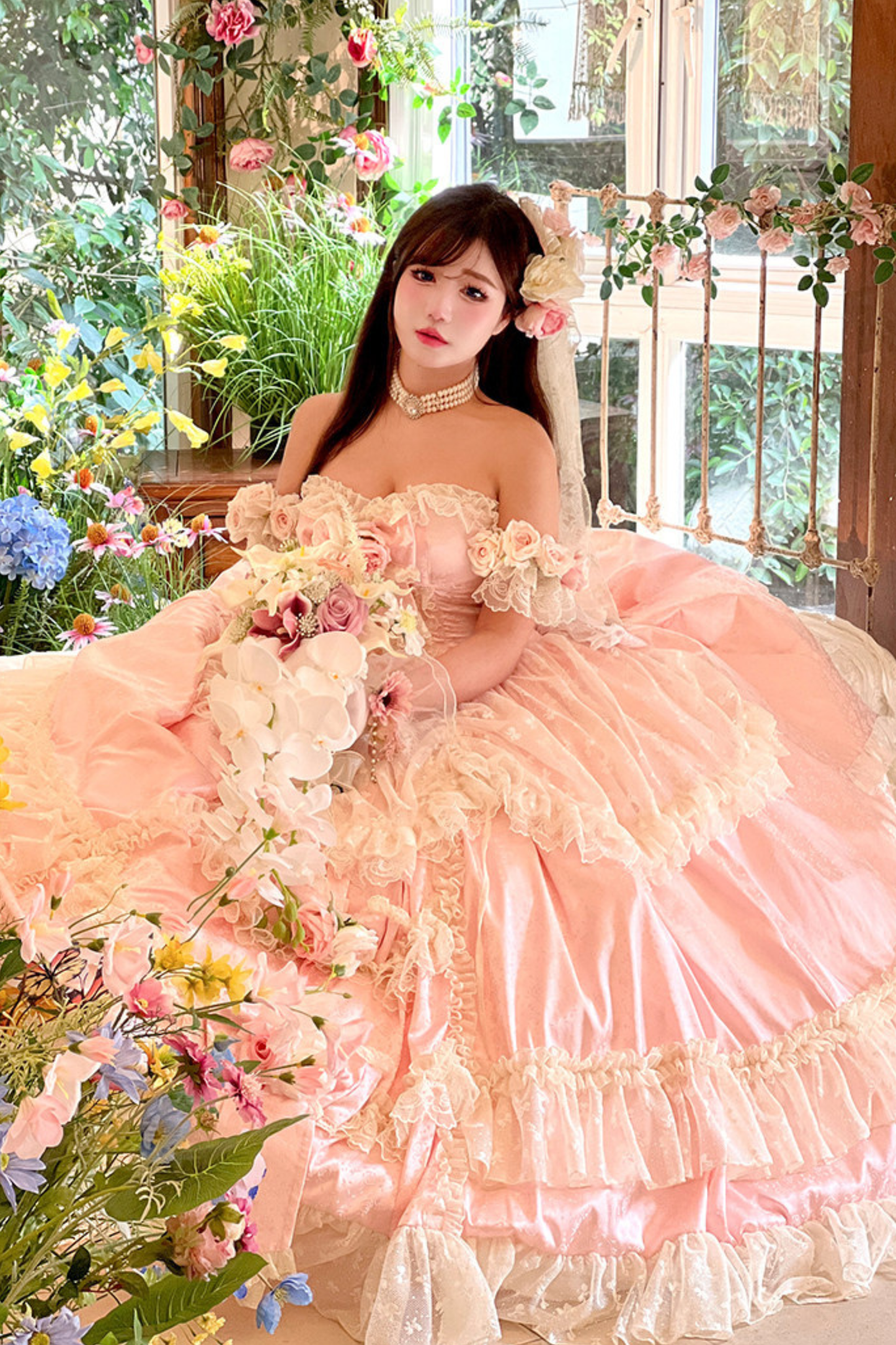 Love and Flower Sweet Dress + Ribbon Hair Accessory + Flower Hair Accessory