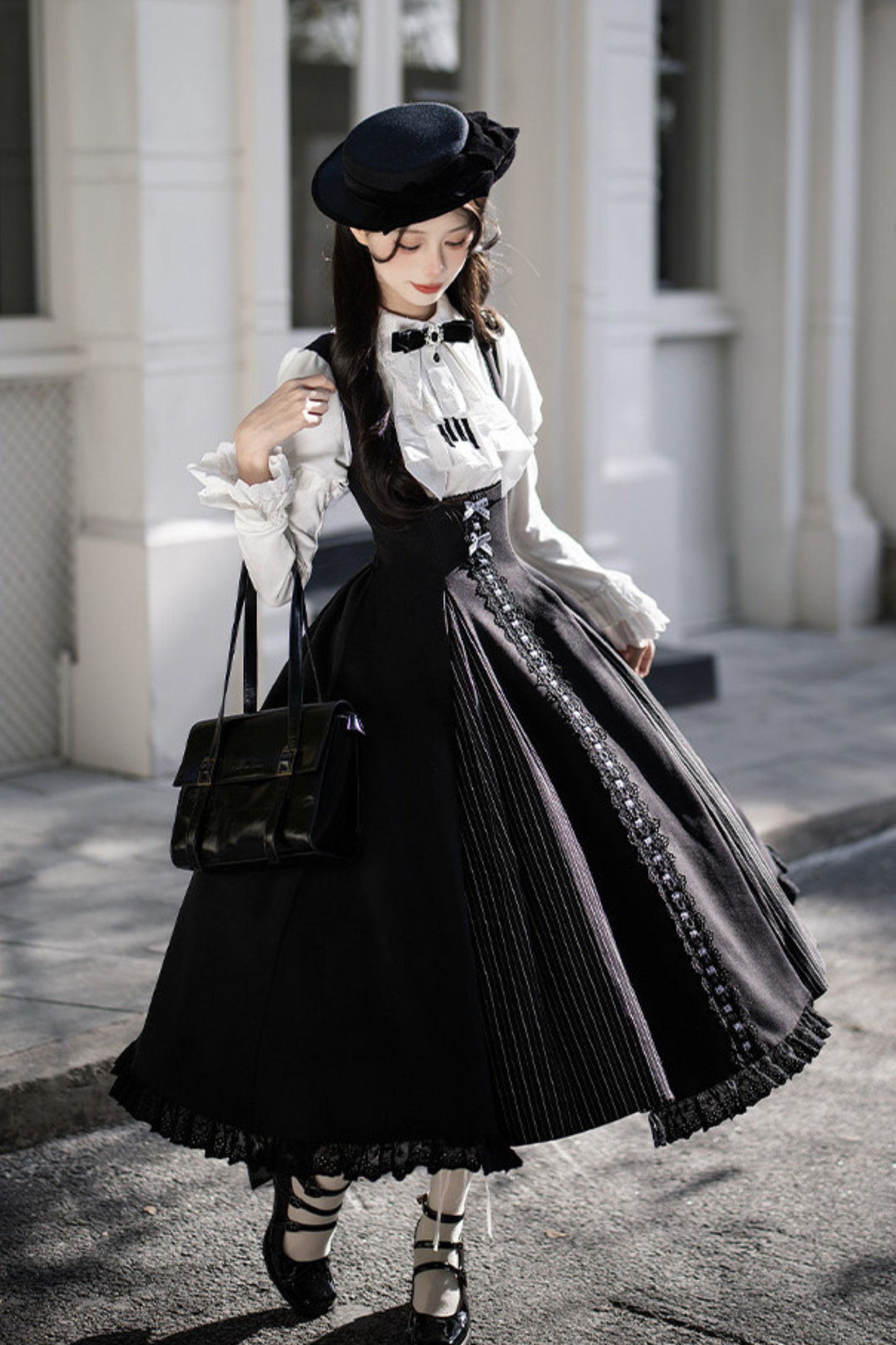 Sweet Lolita Flare Jumper Skirt + Tops + Hat + Ribbon + Collar
