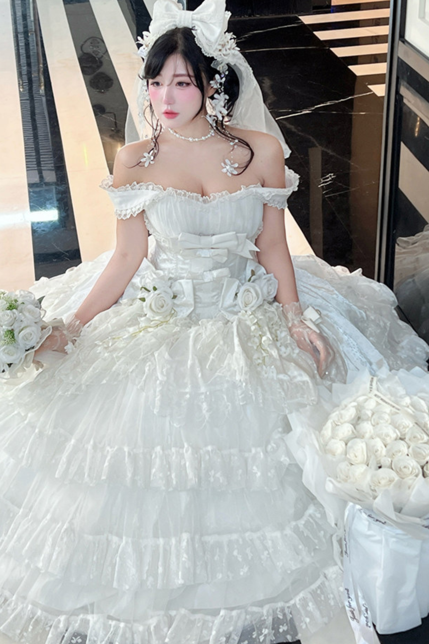 Pure Bridal Lolita Dress + Veil + Waist Belt