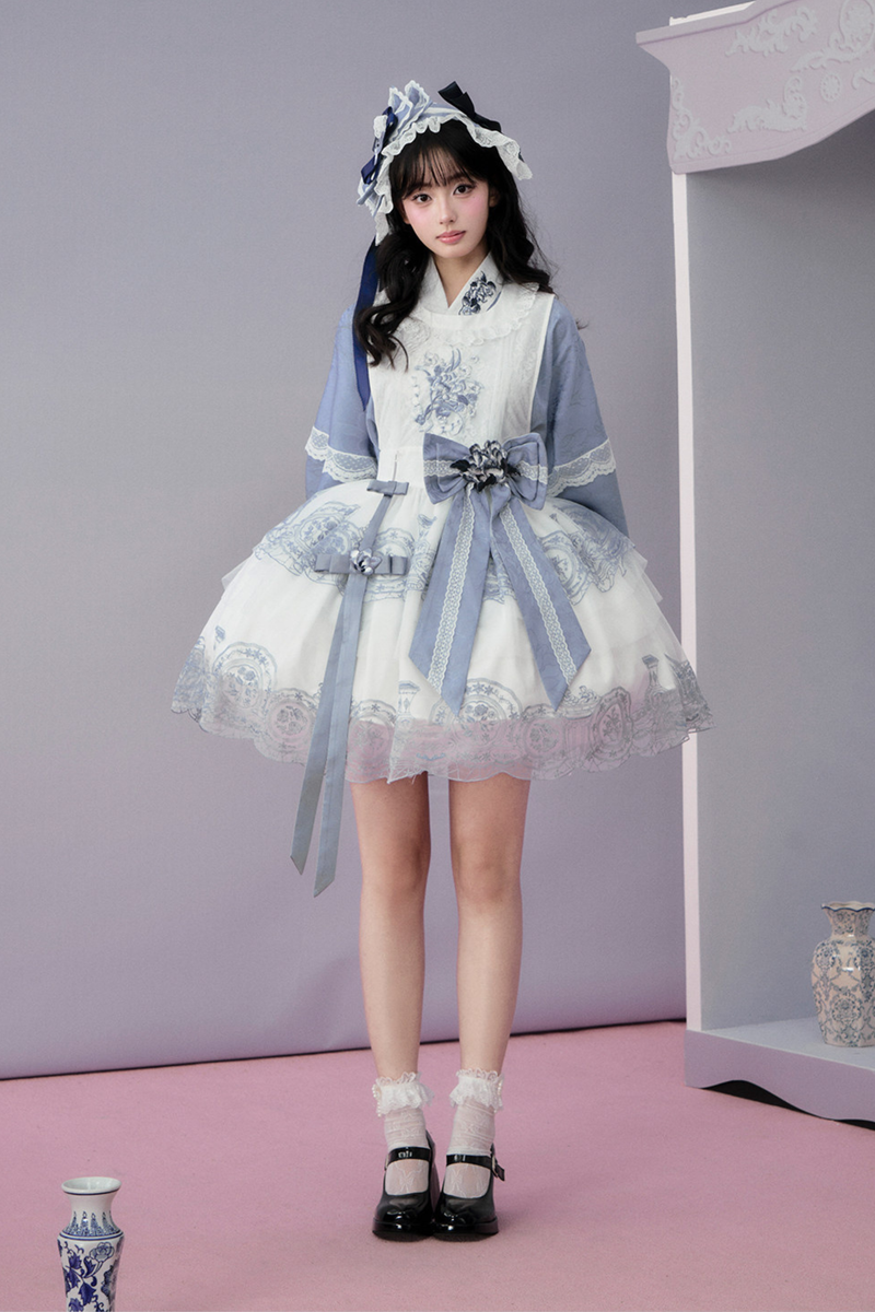 Chinese-style Jacket + Skirt + Overskirt + Ribbon + Brooch + Headband
