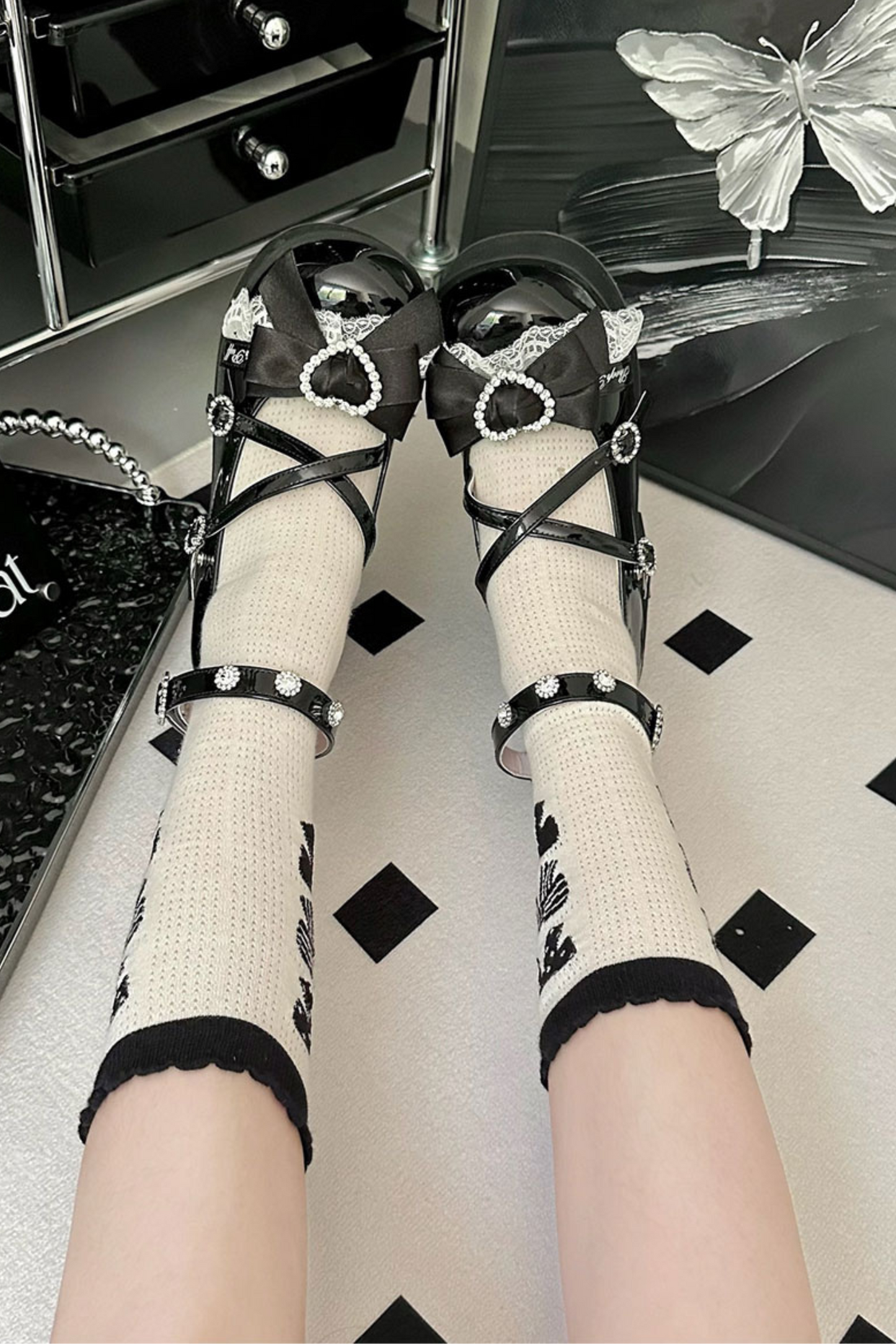 Lace Sheep Puff Lolita Lace Rhinestone Ribbon Flatform Shoes