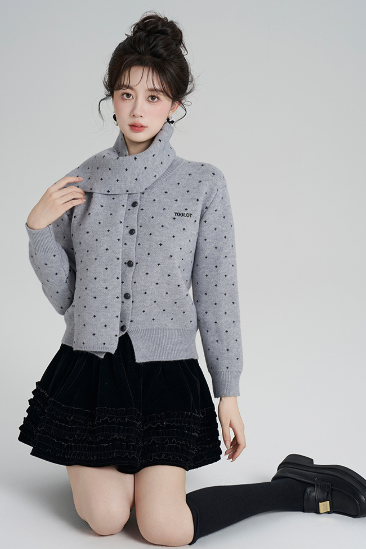 French Style Dotted Cardigan With Scarf
