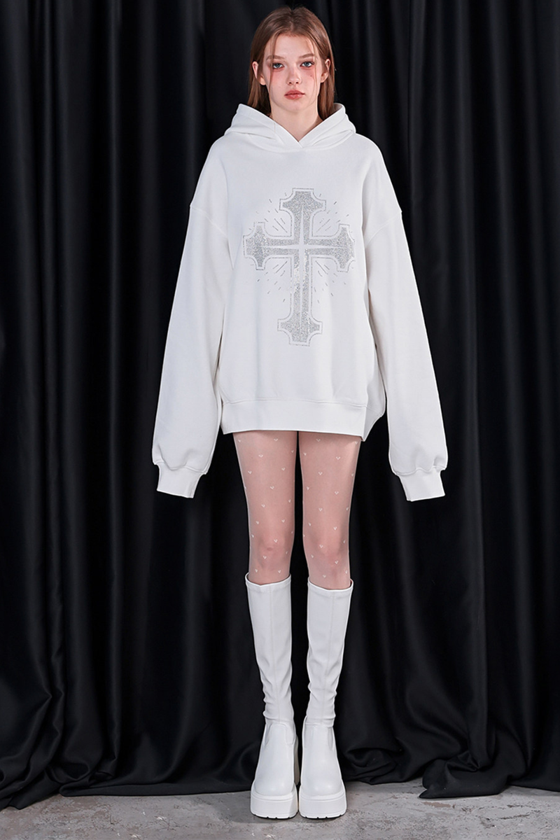 Big Cross Design Loose Hooded Sweatshirt