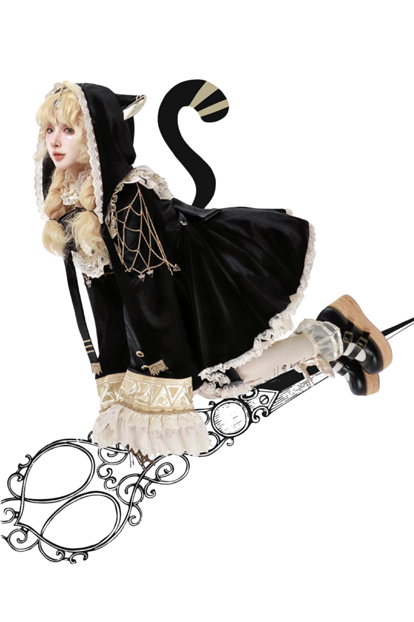 Black Cat Ruffle Clock Lolita Dress + Pumpkin Pants