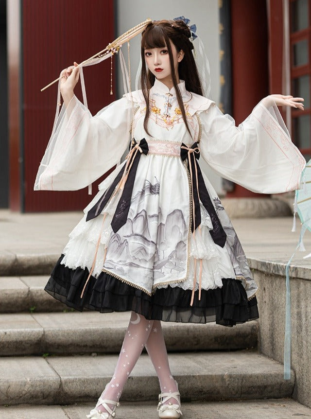 Layered Ruffle Kimono Dress With Attached Collar
