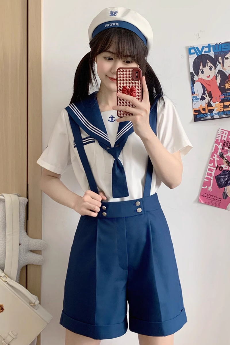 Sailor Shirt + Suspender Shorts + Tie + Beret