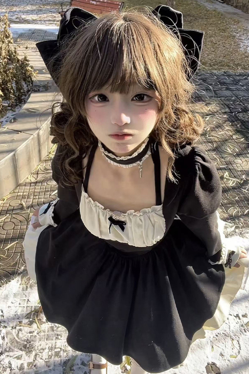 Twin Ruffle Maid Lolita Dress + Apron + Choker + Headband + Bow + Leg Warmers