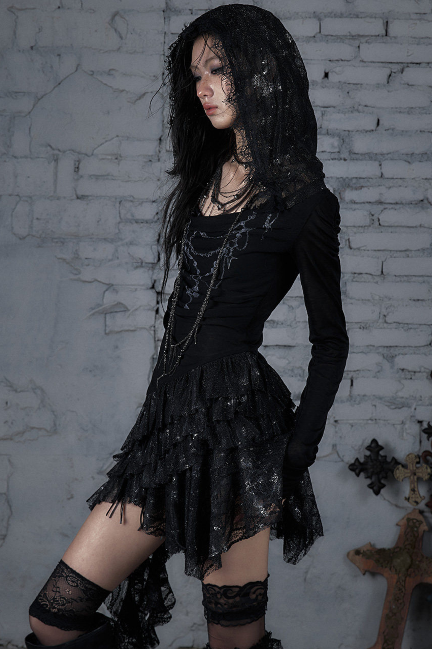 Punk Lace Hood Asymmetrical Dress
