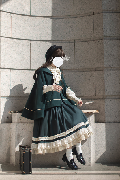 [pre-order] Retro Academia Jumper Skirt + Striped Shirt + Hooded Cape + Short Jacket + Collar + Brooch